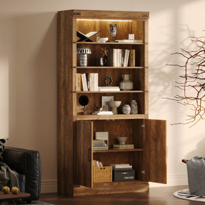 83.4"Tall Modern Bookshelf With Doors Farmhouse Bookcase With 3-Tier Adjustable Shelves Display Shelves With Led Light Large Storage Organizer Cabinet For Living Room Home Office Walnut