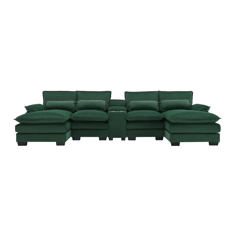 5-Piece Upholstered U-Shaped Sectional, Green Velvet