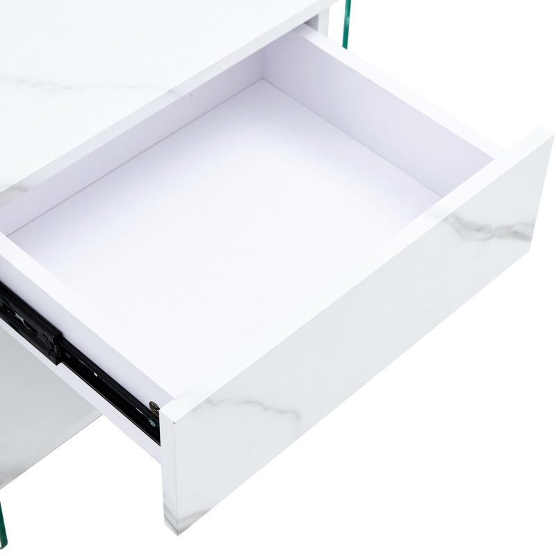 Élégante table de chevet avec tiroir en blanc et matériaux en verre, rangement pratique 1 tiroir, blanc transparent pour une maison moderne