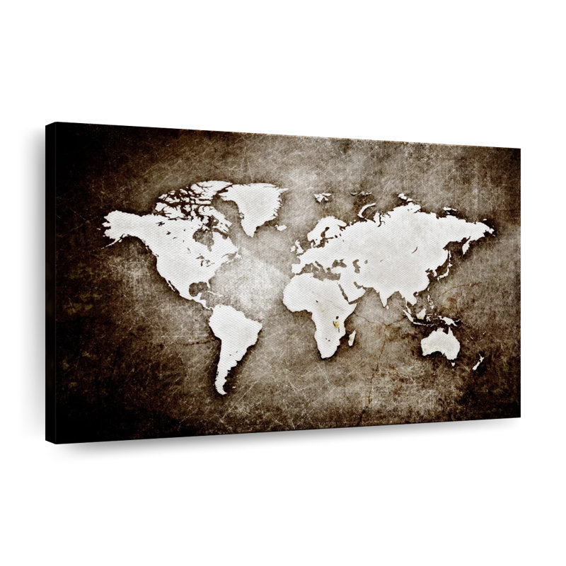 Carte du vieux monde grunge sur toile, H 45 po x l 30 po x P 1,25 po