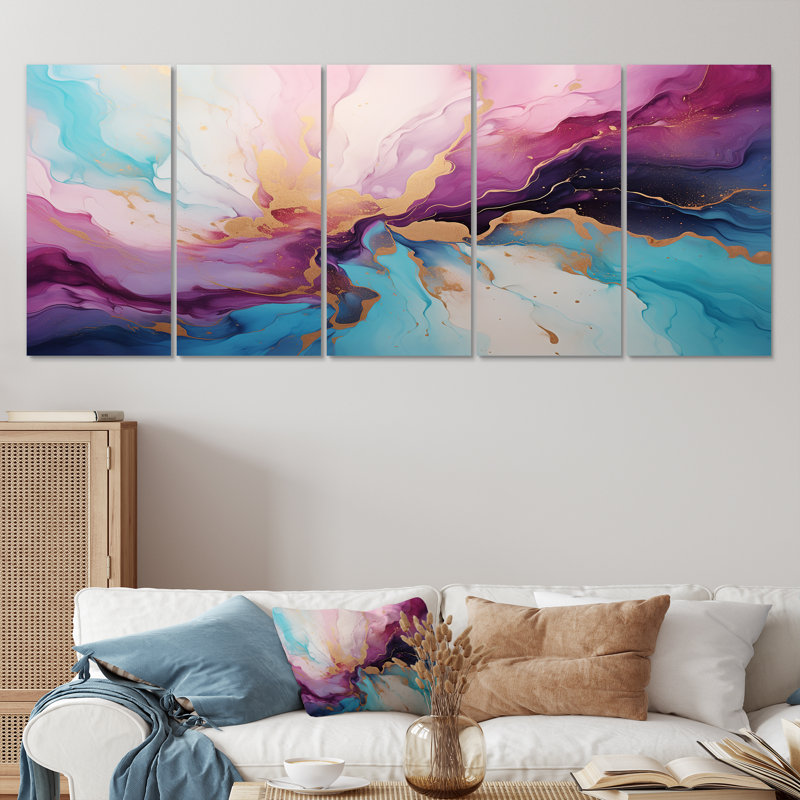Liquid Gold Art Ink Clouds - Marble Wall Art Decor Set 5 Piece, 32" H x 80" W