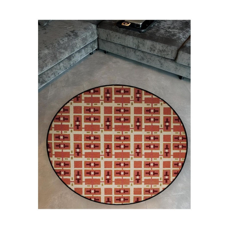 Brick Color Plaid Patterned Round Woven Base Modern Decorative Carpet, Round 2'8"