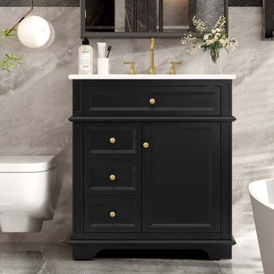 30" Bathroom Vanity With Sink, One Tip-Out Drawer, Three Drawers, Door Shelf, Soft Closing Door