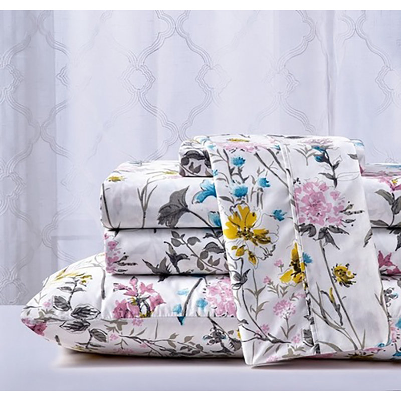 Ensemble de draps à imprimé égyptien 1800 fils 4 pièces, Élégant, Floral, Ensemble de drap pour lit très grand avec drap-ho