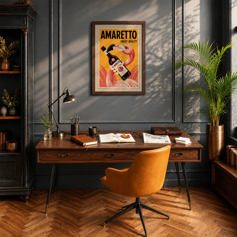 Amaretto Flamingo Art Deco - Framed Print, A3 - 42.0 x 29.7 cm, Walnut