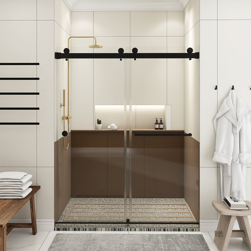 55'' - 59'' W X 72'' H Double Sliding Door Frameless Shower Door, Matte Black