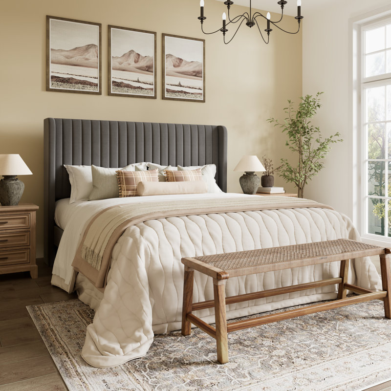 Candler Velvet Upholstered Platform Bed with Wingback Headboard and Wooden Slats, Full, Gray