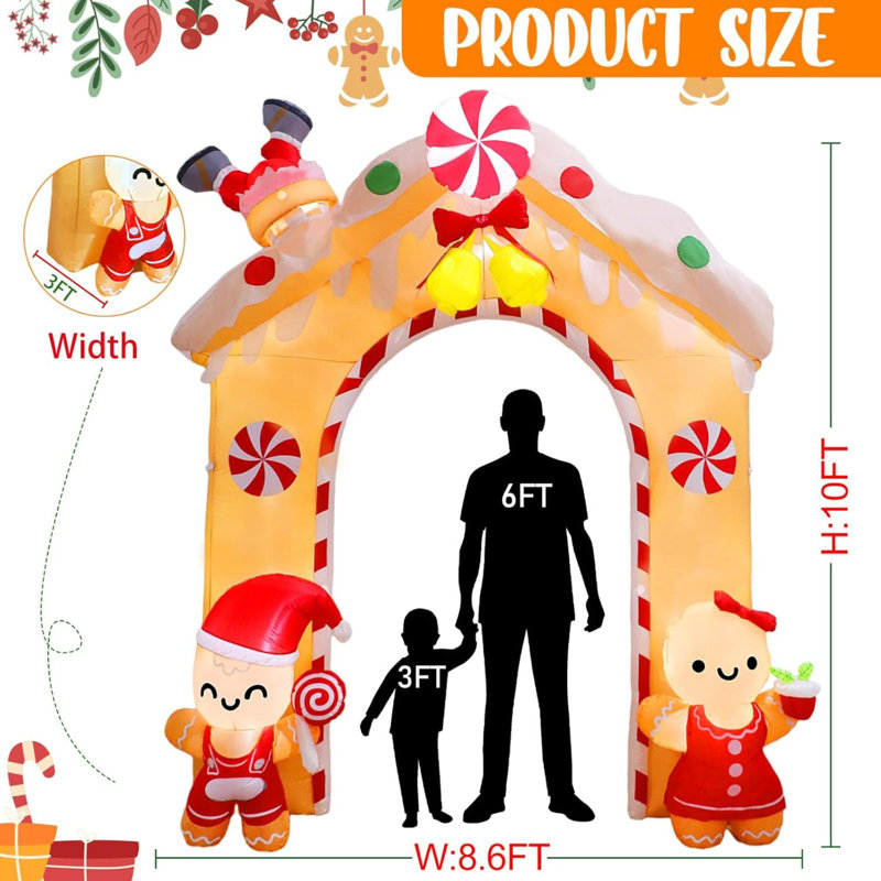 Voûte gonflable Ourwarm 10FT Gingerbread Man avec lumières DEL, décoration de jardin de Noël pour les fêtes en plein air