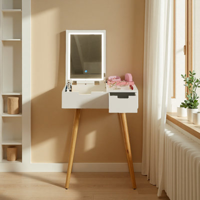 Petite coiffeuse de maquillage, bureau avec 2 tiroirs, organisateur de miroir rabattable, coiffeuse de maquillage pour chambre à coucher, vestiaire