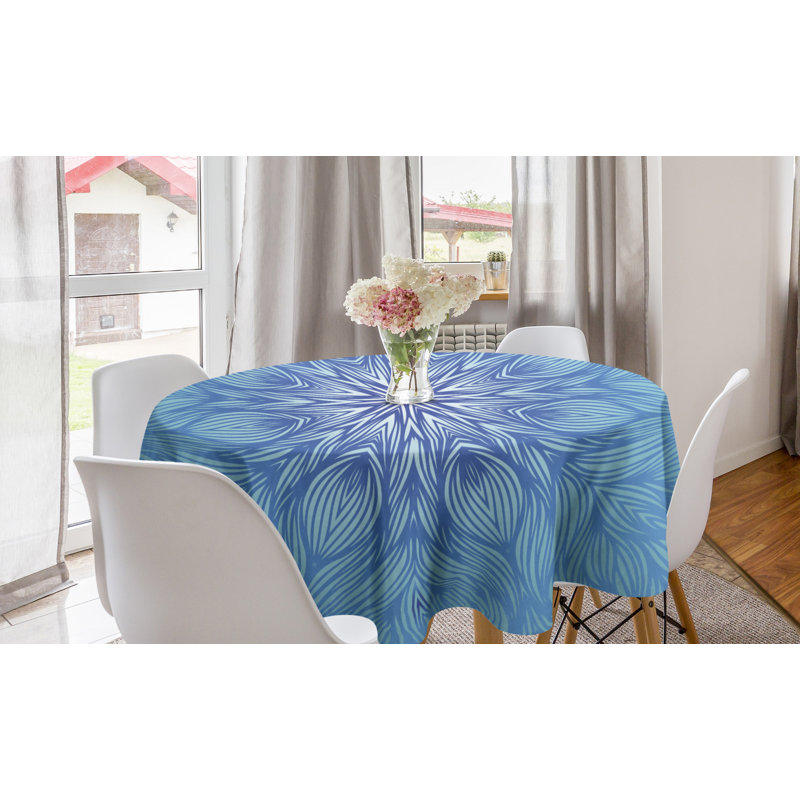 Ambesonne Blue Mandala Round Tablecloth, Psychedelic Pattern In Abstract Style With Curly Lines And Waves, Circle Table Cloth Cover For Dining Room Kitchen Decoration, 60", Aqua Blue And White