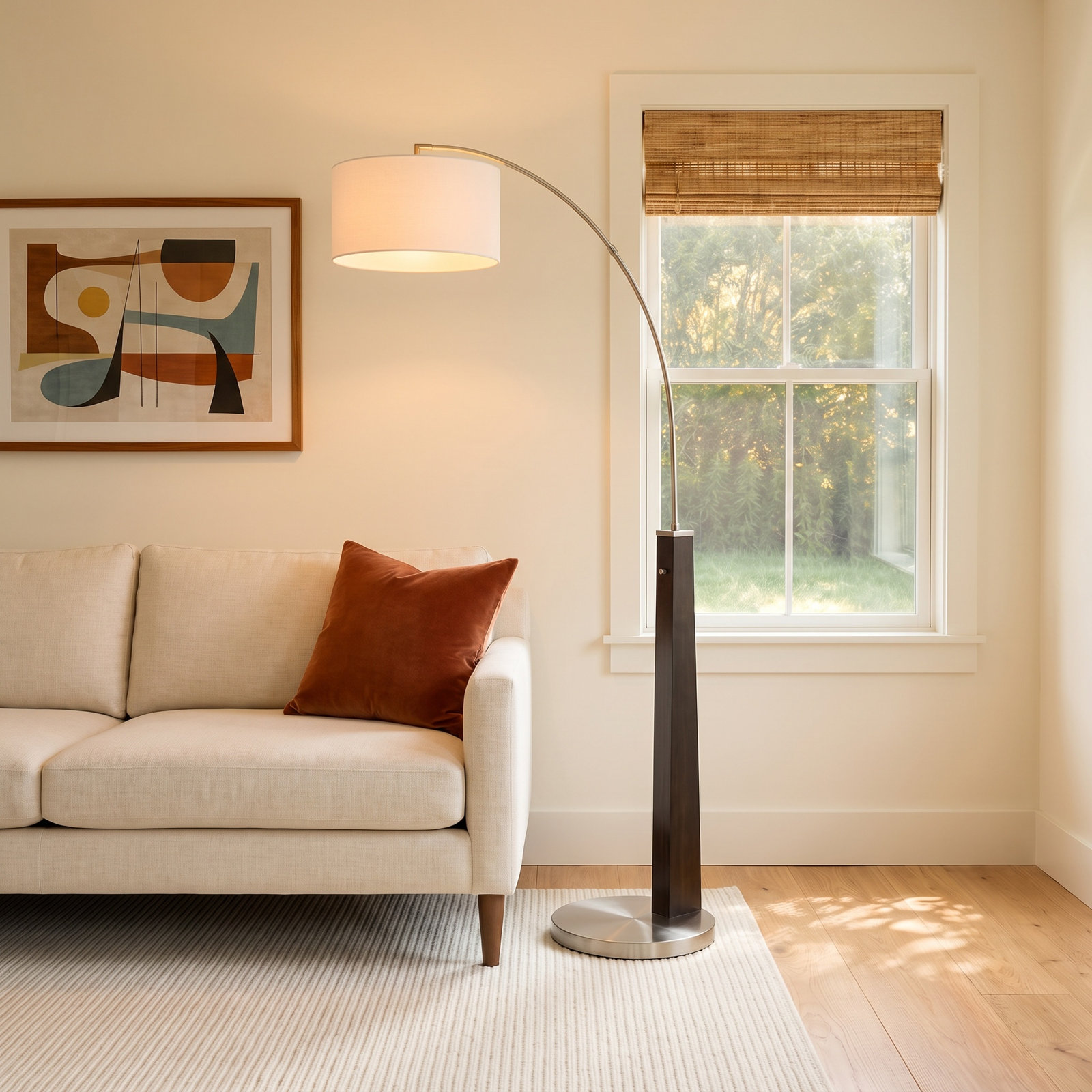 92" Linen Floor Lamp, Black Wood