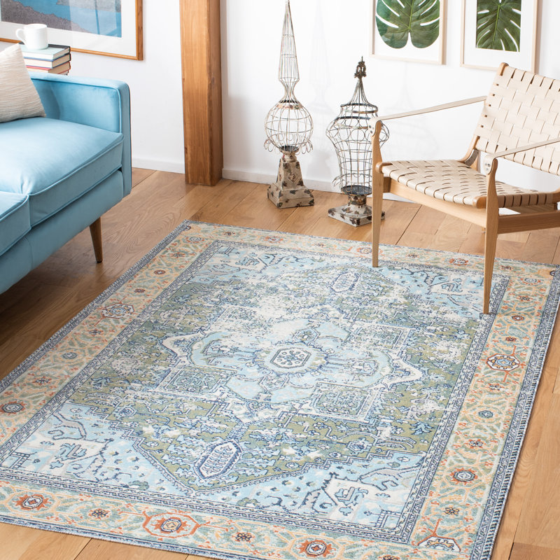 Tapis oriental vert / bleu Emelly, Rectangle 5 pi 3 po x 7 pi 7 po