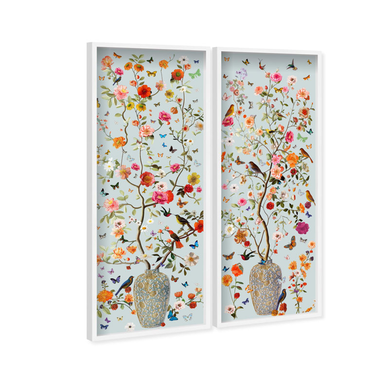 Oliver Gal Blooming Coral and Blue Set Floral and Botanical - 3D Shadowbox Framed Wall Art