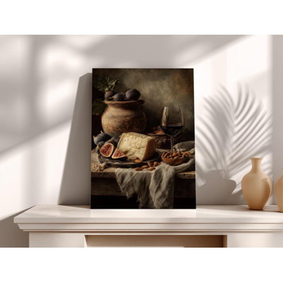 «Rustic Wine and Cheese Still Life Canvas», photographie de nourriture de style Moody Old masters, art mural élégant pour salle à manger ou cave à vin