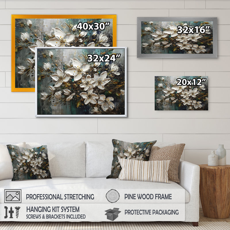 Ronnica Melody Of Daisy - blanc et jaune sur toile, H 16 po x l 32 po x P 1 po, Cadre photo noir