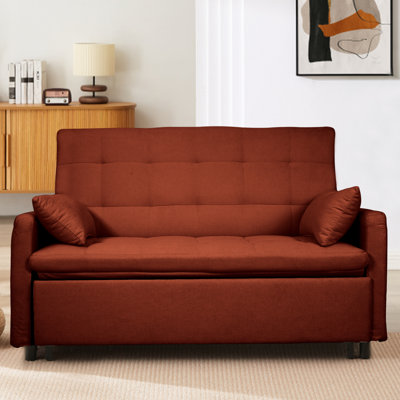 Lit convertible 2 en 1 de 61 pouces avec support renforcé en fer, rangement des deux côtés, revêtement en lin rouge réglable, mousse haute densité pour le salon, le bureau, la structure double pour invités, les poches et