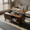 Table basse de style Mid-Century moderne avec rangement dissimulé, porte coulissante à lattes et finition noyer pour le salon, 35,4 pouces | Idée de cadeau