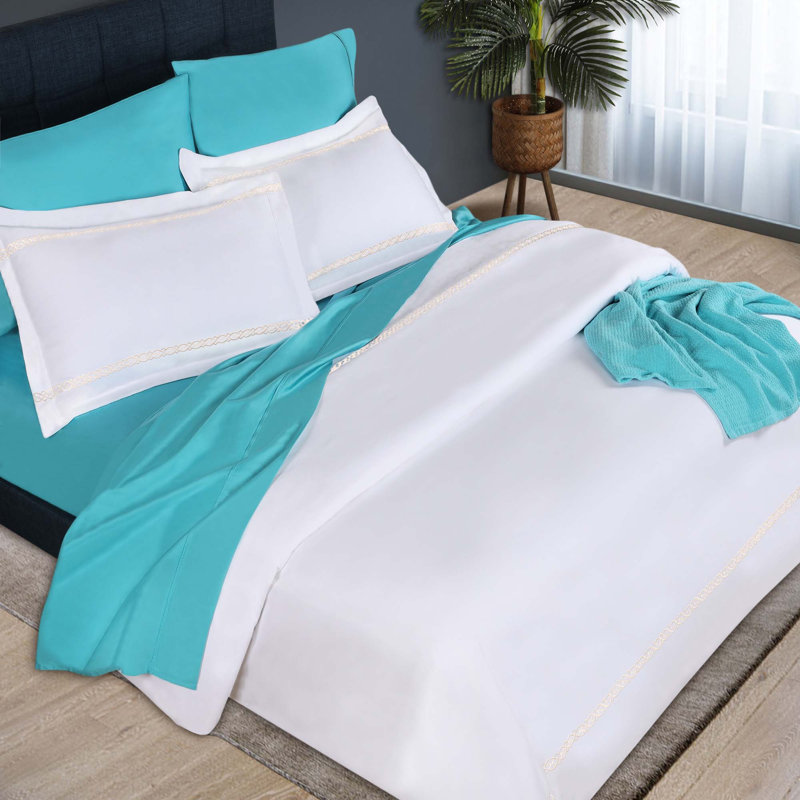 Housse de couette 100% coton 1000 fils à broderie 1000 fils (ensemble de 3), Blanc / ivoire