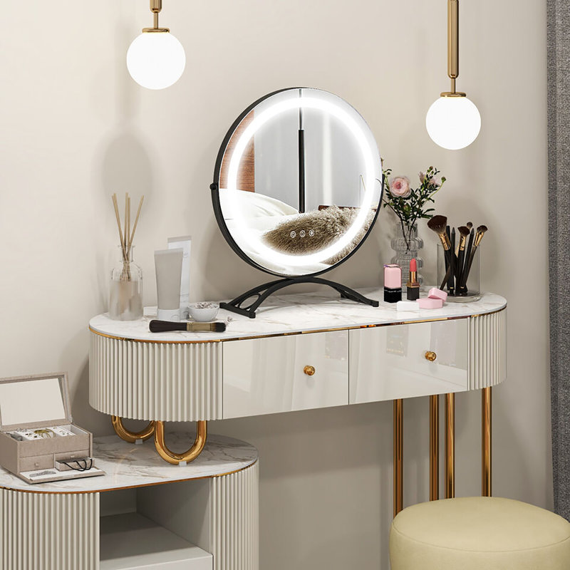 Miroir de meuble-lavabo rond 16 po à 3 lumières à intensité variable Wrought Studio ™, Noir