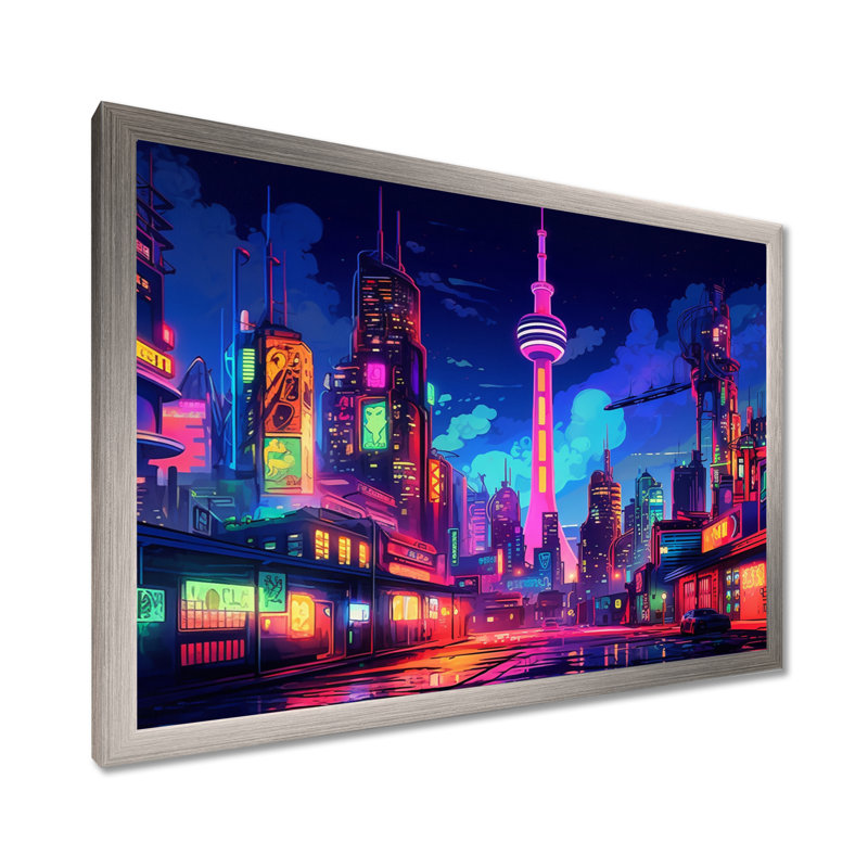 Berlin Neon Cityscape II - art mural de Berlin pour le salon, Cadre photo argenté, H 34 po x l 44 po x P 1,5 po