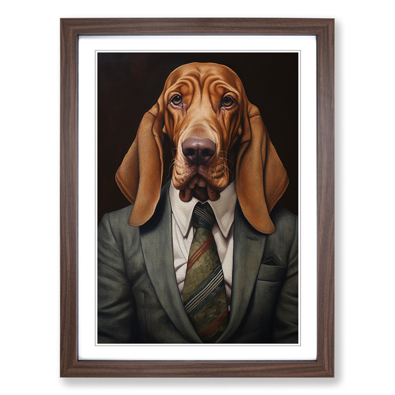 Basset Hound In A Suit No.2 - Single Picture Frame Print on Wood, 34cm H x 25cm W x 2cm D, Walnut Framed