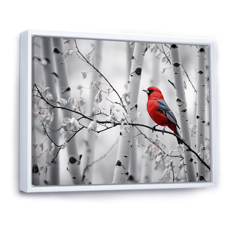 Martinella, oiseau rouge-gris en forêt II - impression, H 24 po x l 32 po x P 1 po, Cadre flottant blanc