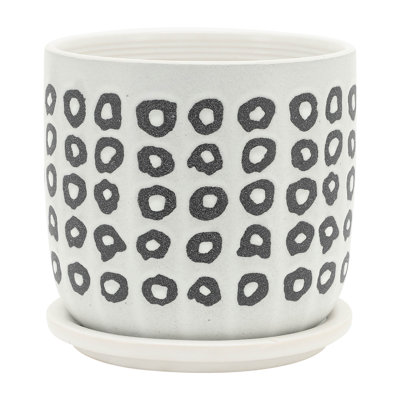 Indoor Planter With Saucer, White Line Pattern, 6 Inch Gray Cement