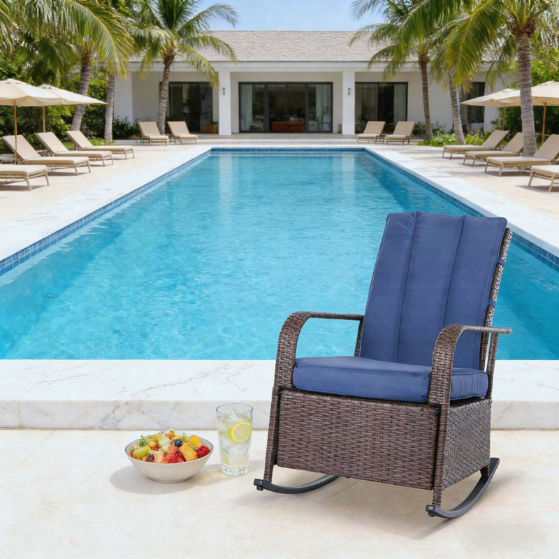 Fauteuil inclinable d'extérieur berçant en rotin avec coussins, chaise berçante de patio réglable