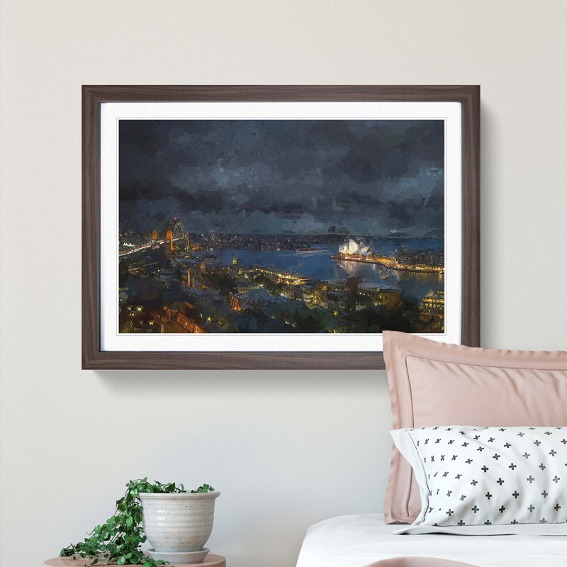Sydney Skyline at Night in Abstract - Picture Frame Graphic Art Print, Walnut Framed, 27cm H x 36cm W x 2cm D