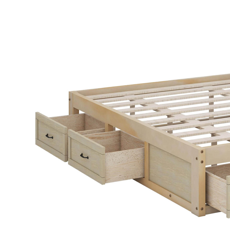Grand lit plateforme avec tiroirs, Naturel antique