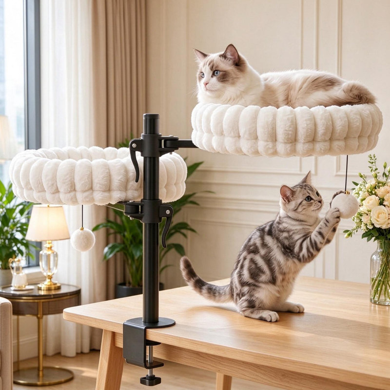 Lit-hamac pour bureau pour chat, 2 lits moelleux amovibles avec boules de suspension, pince sur perchoir pour bureau et rebord de fenêtre, réglable en hauteur à 360 °, peut supporter jusqu'à 24 lb pour les chats d'intérieur