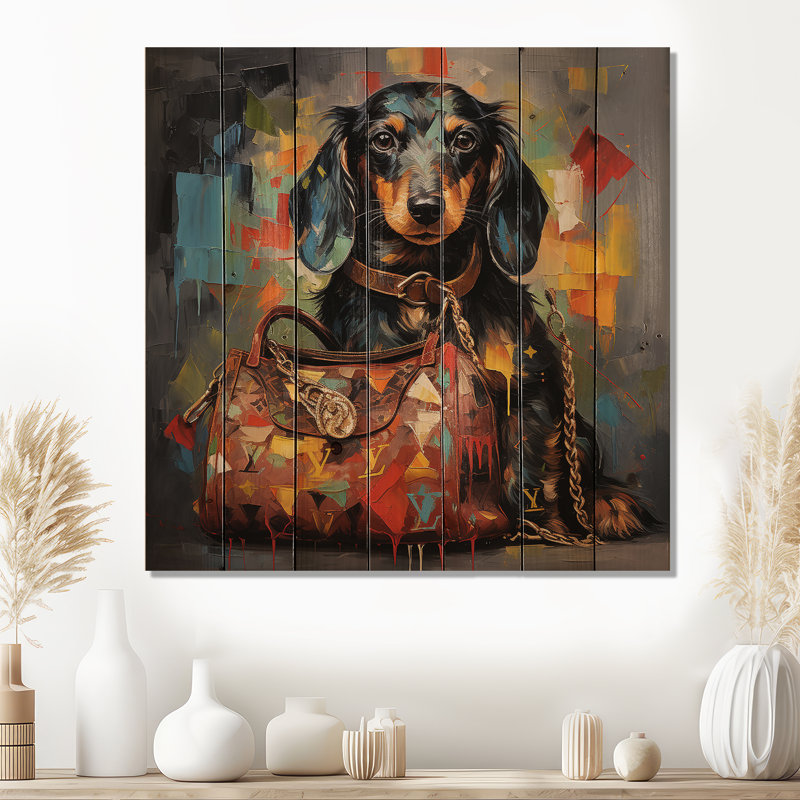 Portrait d'un mignon teckel avec un sac en V, H 36 po x l 36 po