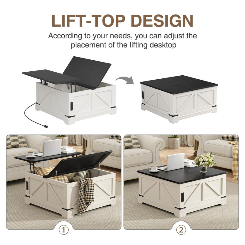 Table basse à plateau relevable avec rangement, Blanc/Noir, H 17,1 po x L 32,7 po x l 32,7 po