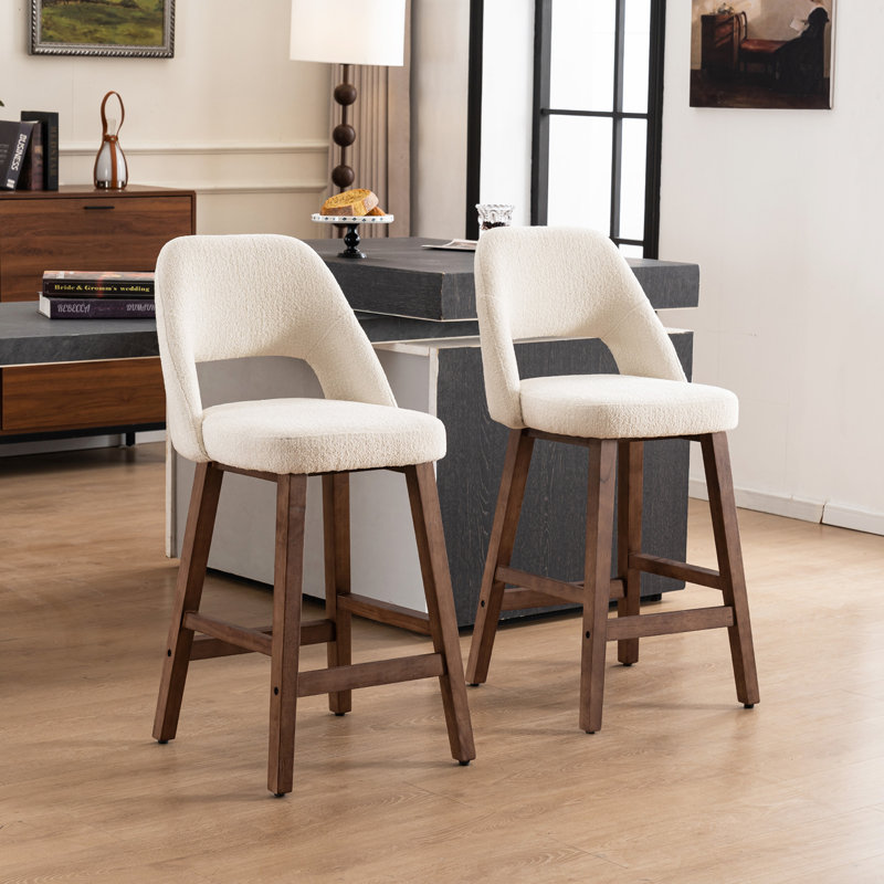 Mid-Century Modern Armless Upholstered Counter Stool, White Boucle