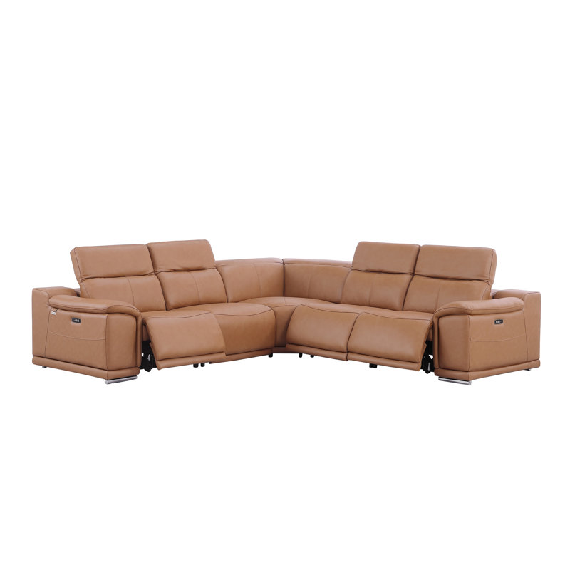Crasia 5 Piece Top Grain Italian Leather Reclining Sectional, Cognac Genuine Leather