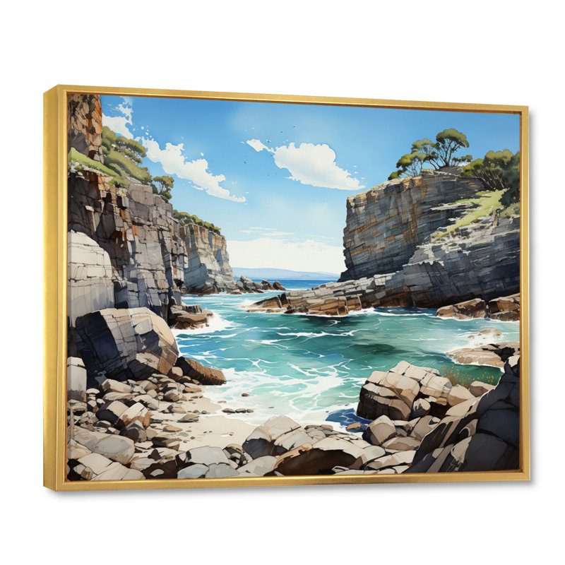 Beti Rocky Beach, majestueuses falaises II sur toile, H 30 po x l 40 po x P 1,5 po, Cadre flottant doré