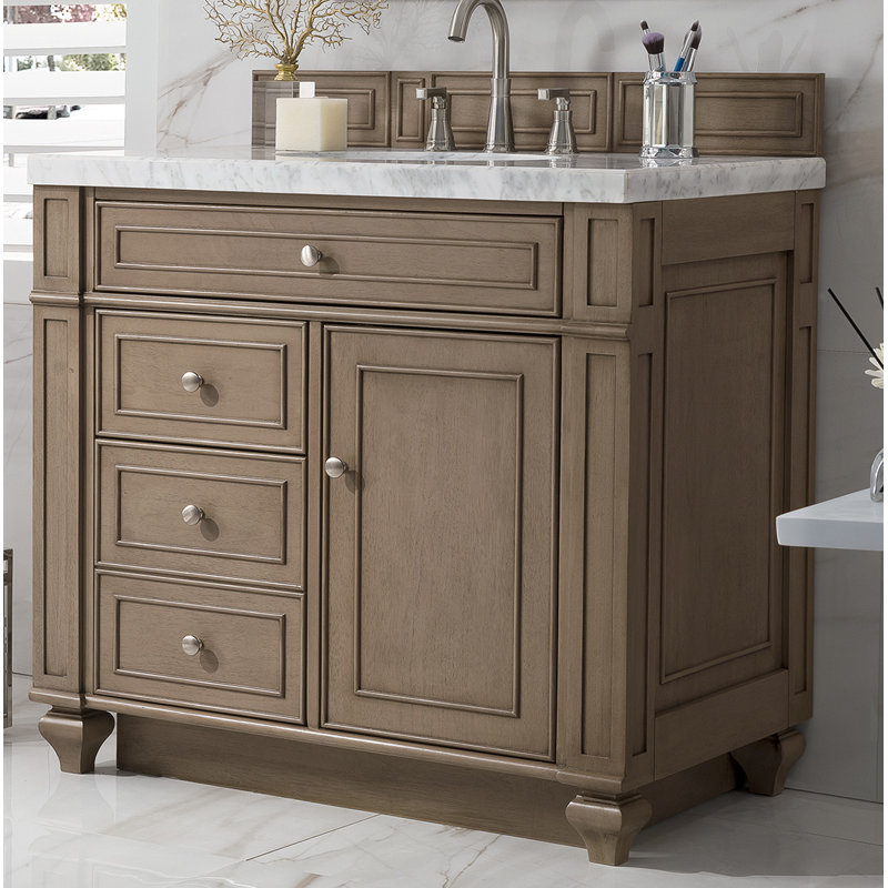 Bristol 36'' W Single Vanity, Carrara White, 8" Widespread, Whitewashed Walnut