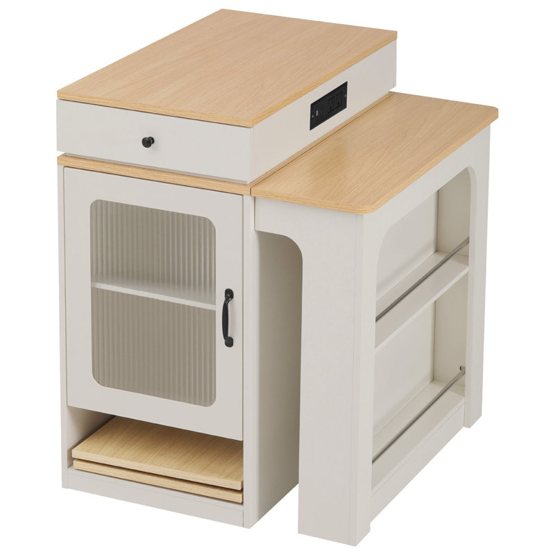 59.5" Kitchen Island With Extendable Dining Table, Kitchen Storage Table With Double-Sided Storage, Kitchen Island With 2 Drawers, Power Outlet, Side Open Shelves, For Kitchen, Dining Room, White