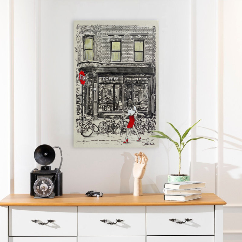 Illustration de paysage contemporain Coffee Place croquis urbain, H 24 po x l 16 po