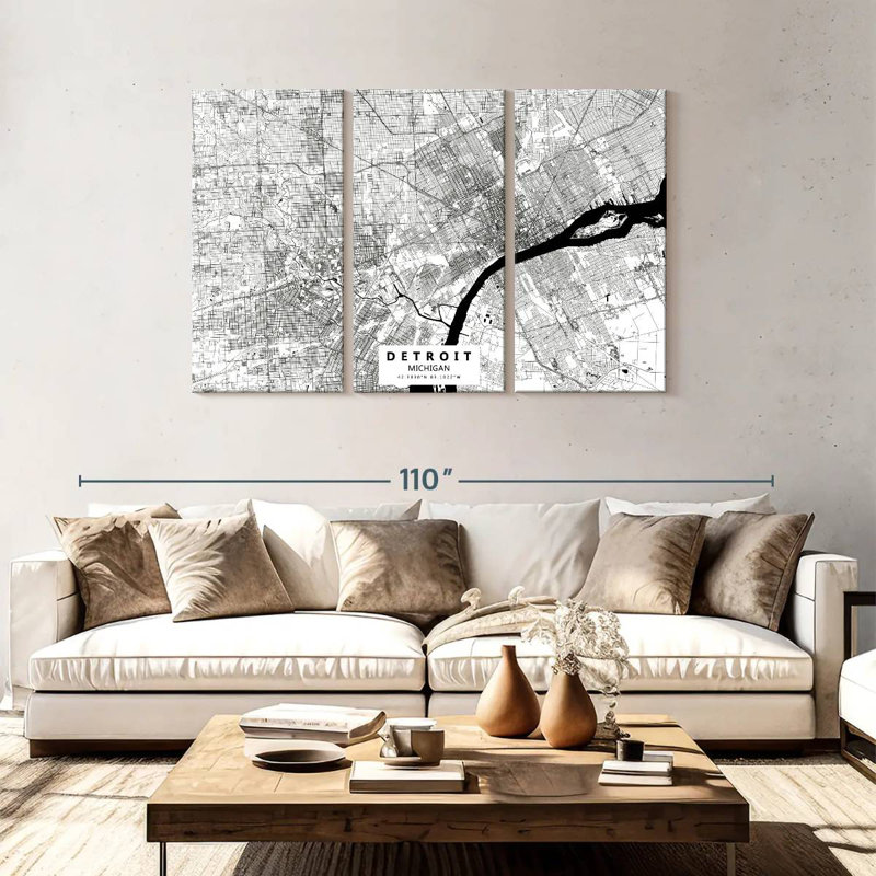 Aliaz White Urban Detroit Map, 48" H x 74" W