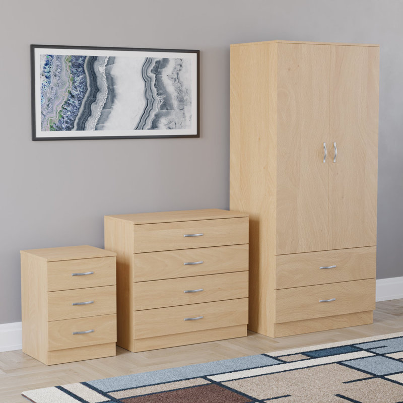 Maybery 3 Piece Bedroom Set (3 Drawer Bedside Chest, 4 Drawer Chest, 2 Door 2 Drawer Wardrobe), (4), Pine
