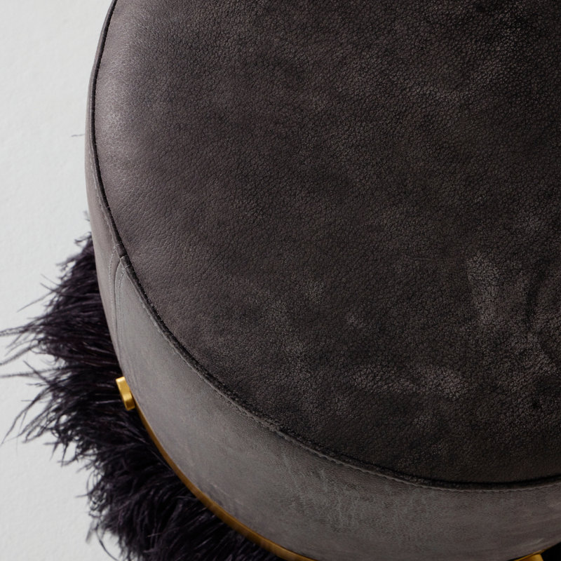 Leather Ostrich Fluff Pouf, Charcoal/Black