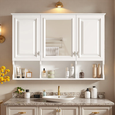 41" W x 29" H Wall Mounted 3-Door Mirror Cabinet with Adjustable Shelves and Open Shelves