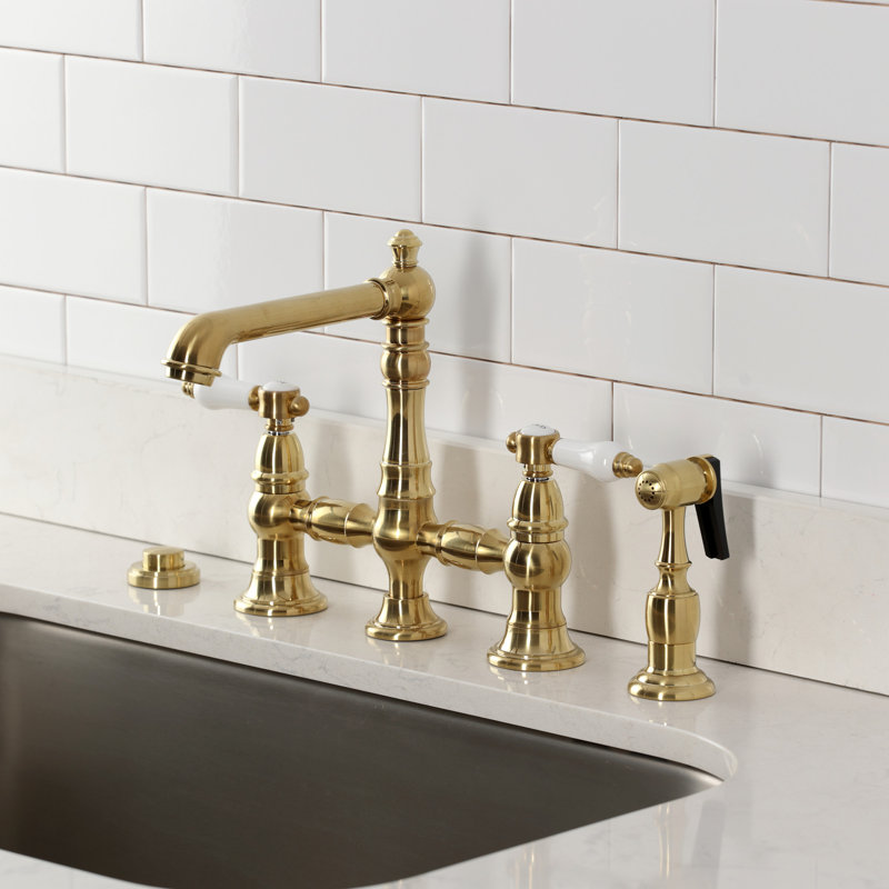 Kingston Brass Bel-Air Two-Handle 4-Hole Deck Mount Bridge Kitchen Faucet With Brass Side Sprayer, Brushed Brass