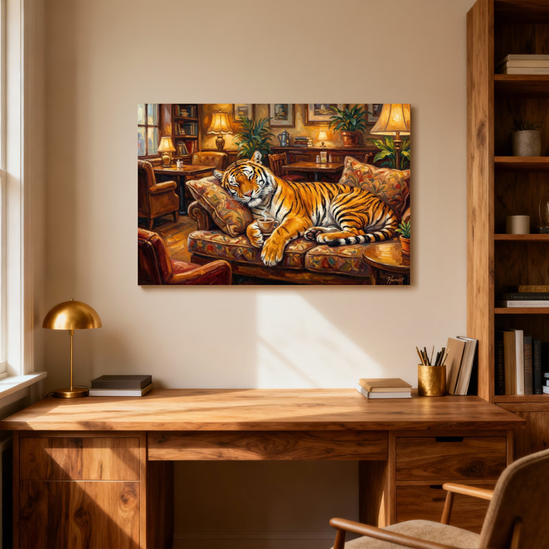 Animaux, tigre reposant sur un canapé dans un salon confortable, H 24 po x l 36 po