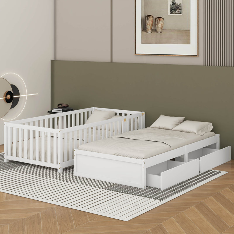 Lit de jour simple en bois avec garde-corps et tiroirs de clôture, divisé en lit de sol indépendant et lit de jour, Blanc