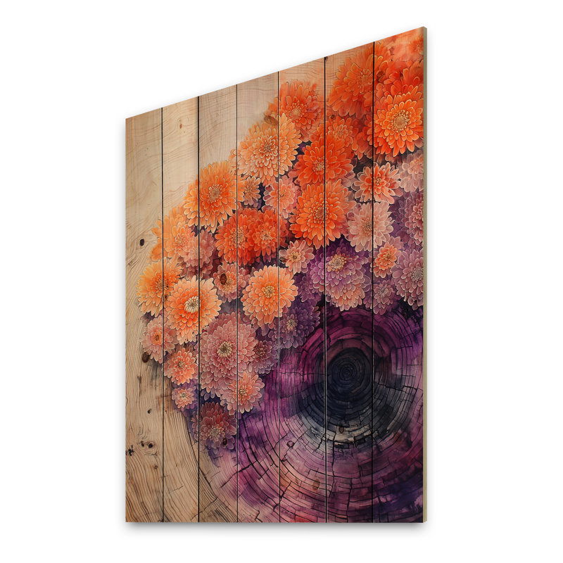 Chrysanthèmes fleurs sur un plateau en bois II, H 20 po x l 10 po x P 0,78 po