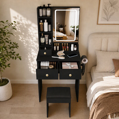 Coiffeuse éclairée de 60 cm avec prise électrique, support pour sèche-cheveux et rangement