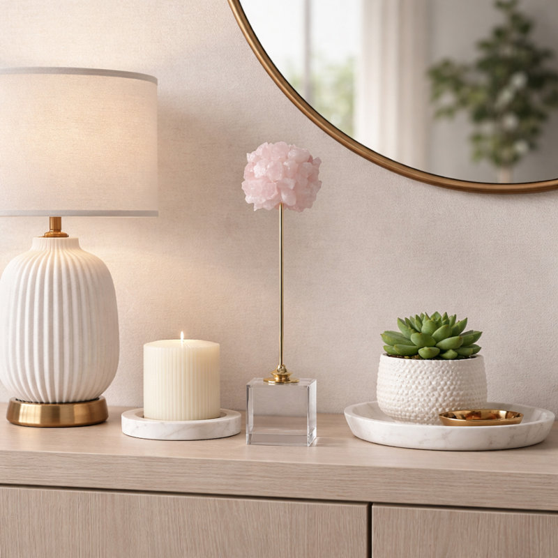 Calume Decorative Sculpture Metal Marble Stone Accent With Clustered Crystal-Inspired Form On Sleek Metallic Rod And Cubic Base For Modern Stylish Display Or Versatile Interior