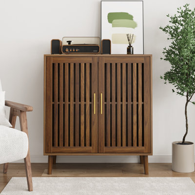 Walnut Nature Tone Slatted Door Storage Cabinet
